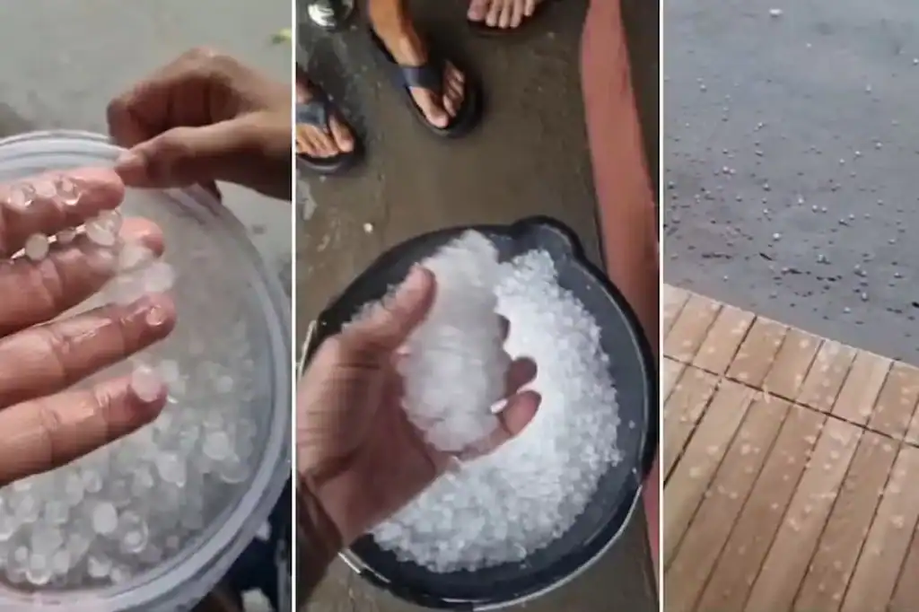 Pedras de gelo acumuladas no chão após chuva forte em Riachão